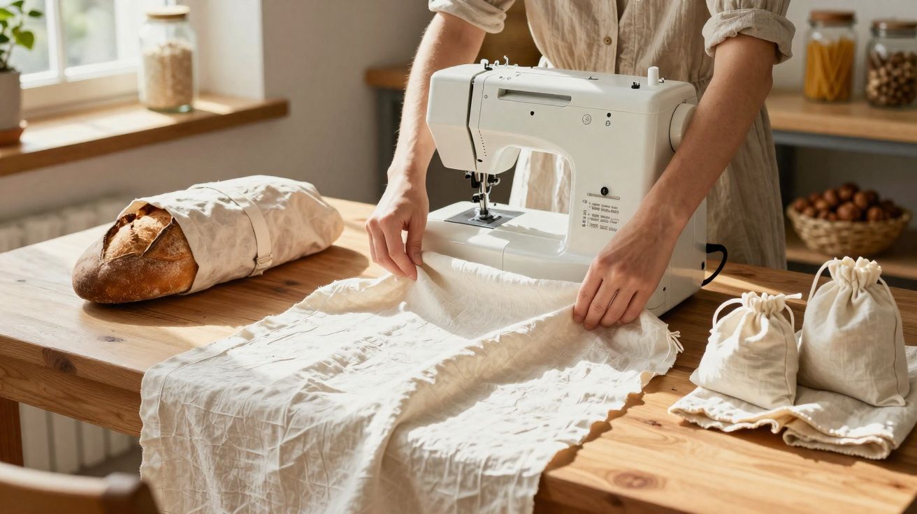 Pessoa a preparar tecido diante da máquina de costura numa mesa de madeira, com pão e sacos ao lado.