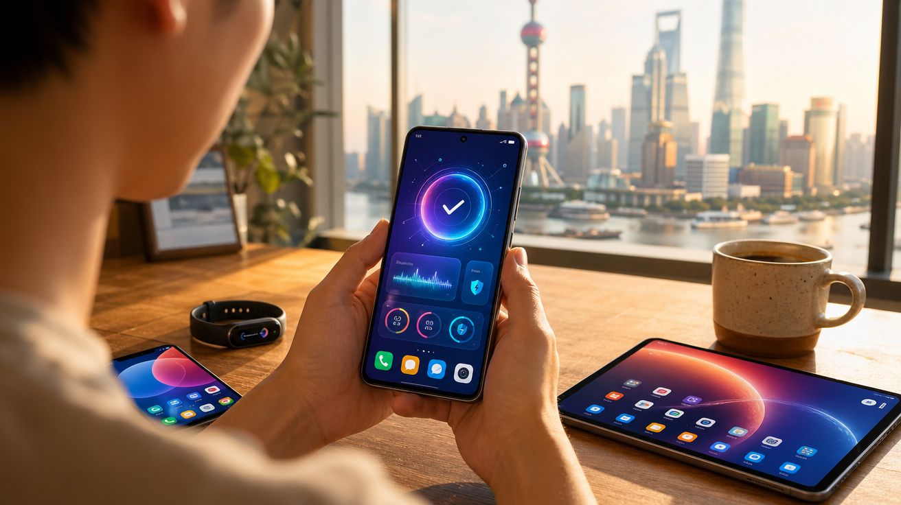 Pessoa a usar smartphone com ecrã de aplicação de monitorização, com tablet, smartwatch e cidade ao fundo.