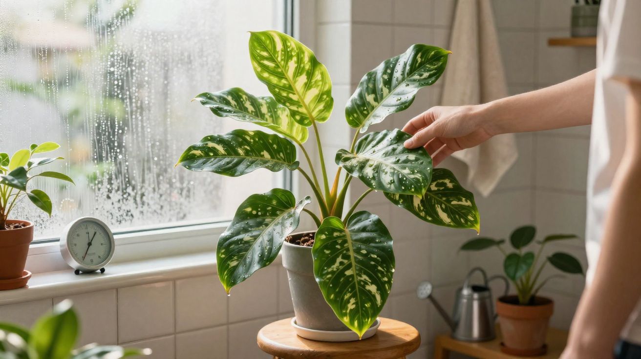 Pessoa a cuidar de planta verde com folhas manchadas numa sala com janela molhada pela chuva.
