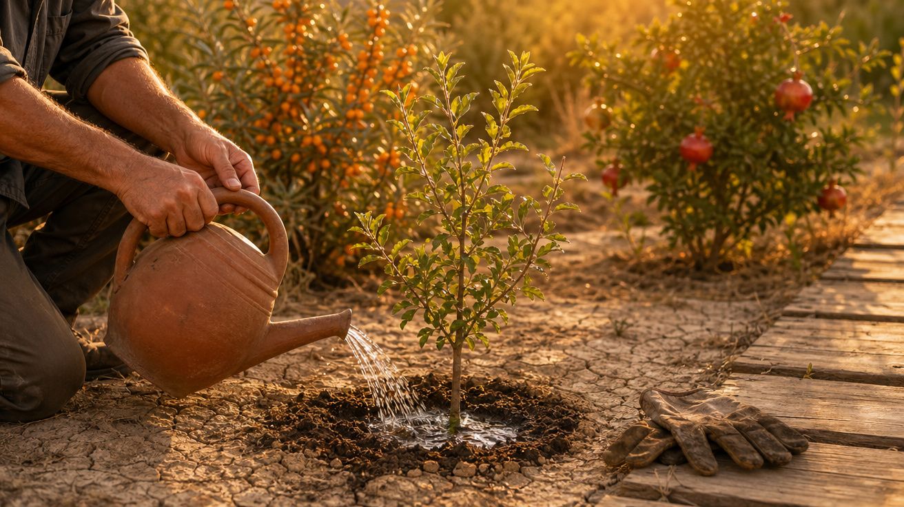 Pessoa a regar uma muda de árvore jovem num campo seco ao pôr do sol.
