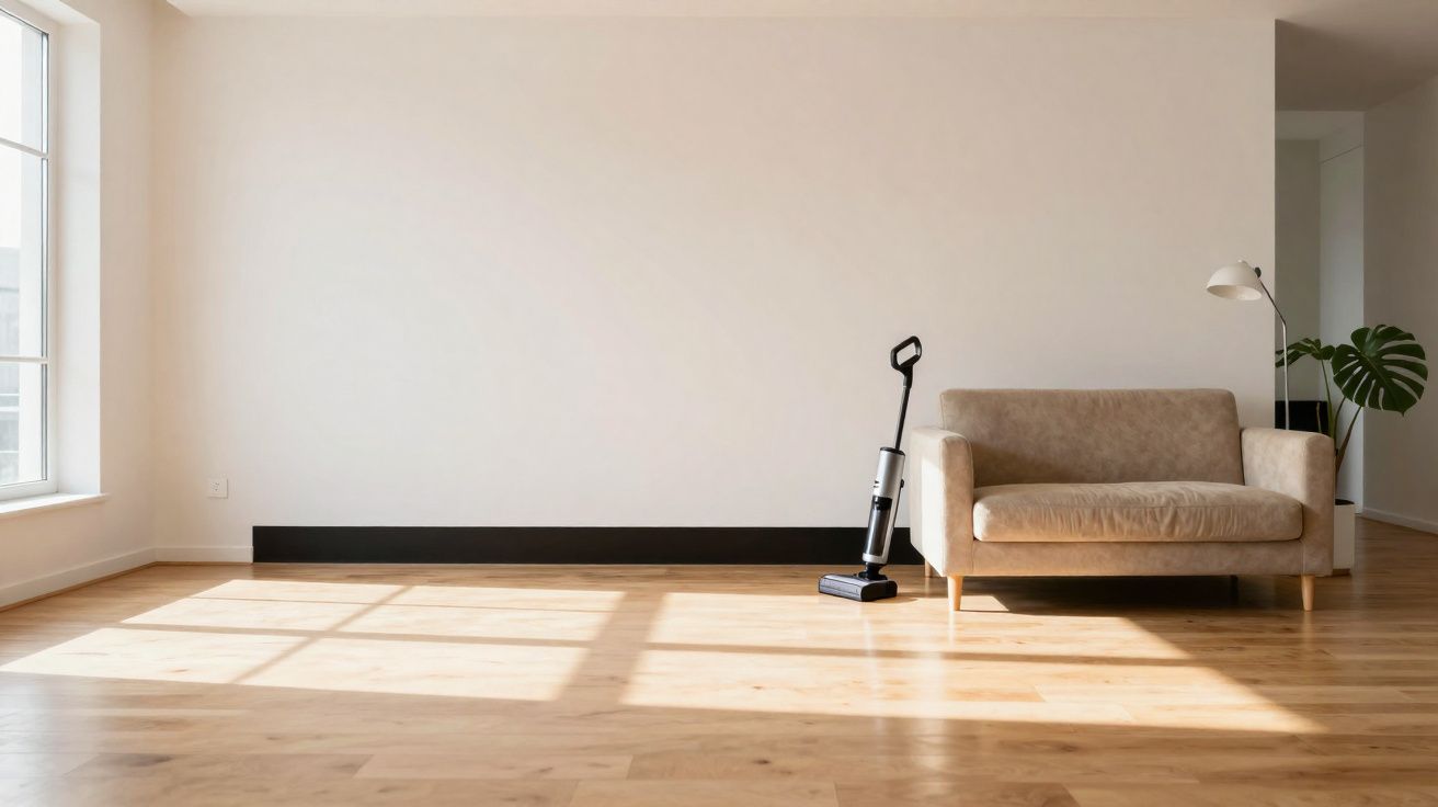 Sala minimalista com sofá castanho claro, candeeiro de pé, aspirador e chão de madeira iluminado por janela.