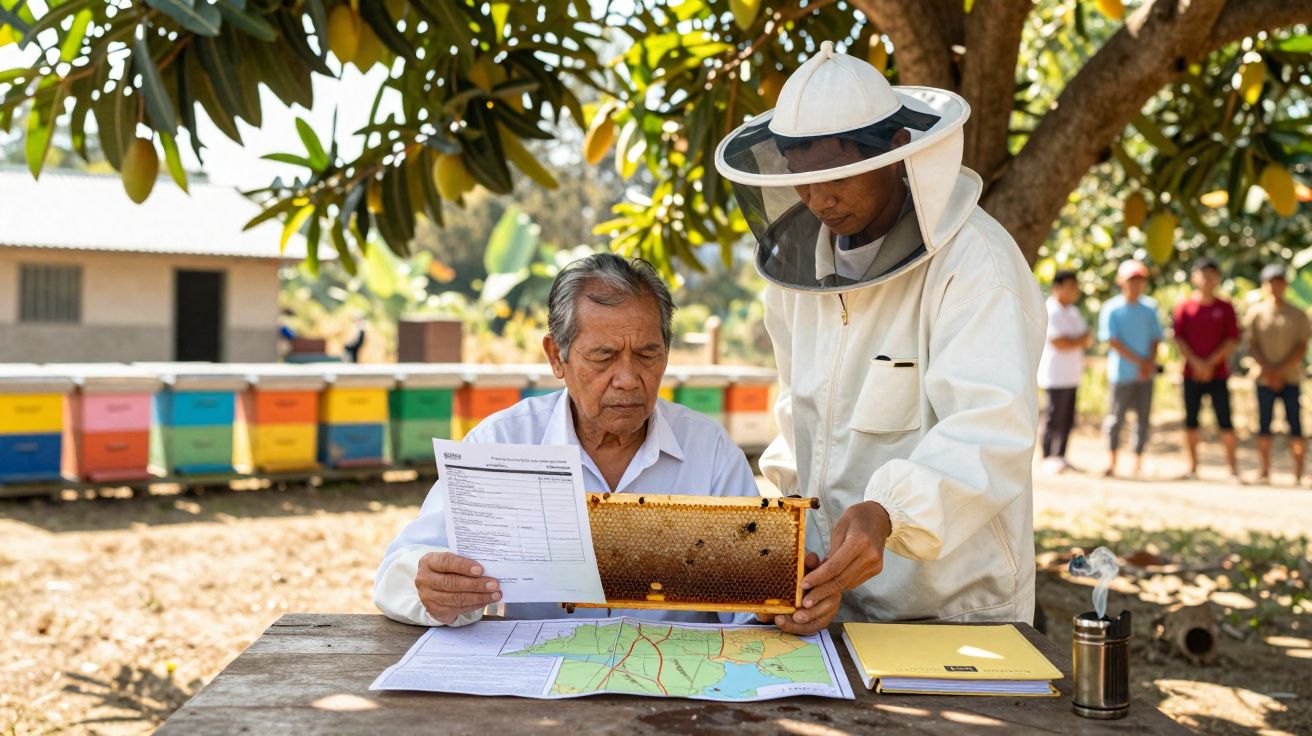 Homem com fato de apicultor e outro homem idoso analisam favo de mel junto a mapas e documentos numa mesa ao ar livre.