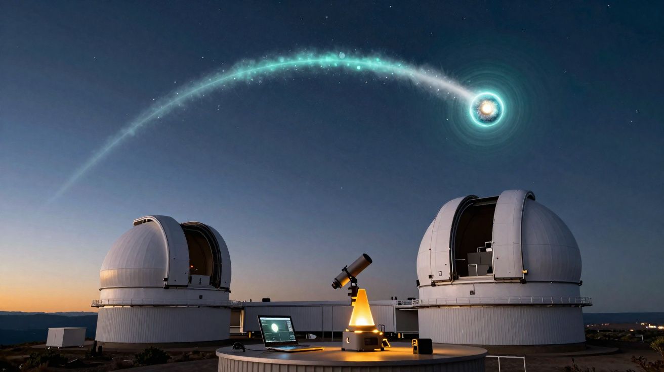 Observatório astronómico com telescópios sob céu noturno estrelado e um cometa brilhante em arco.