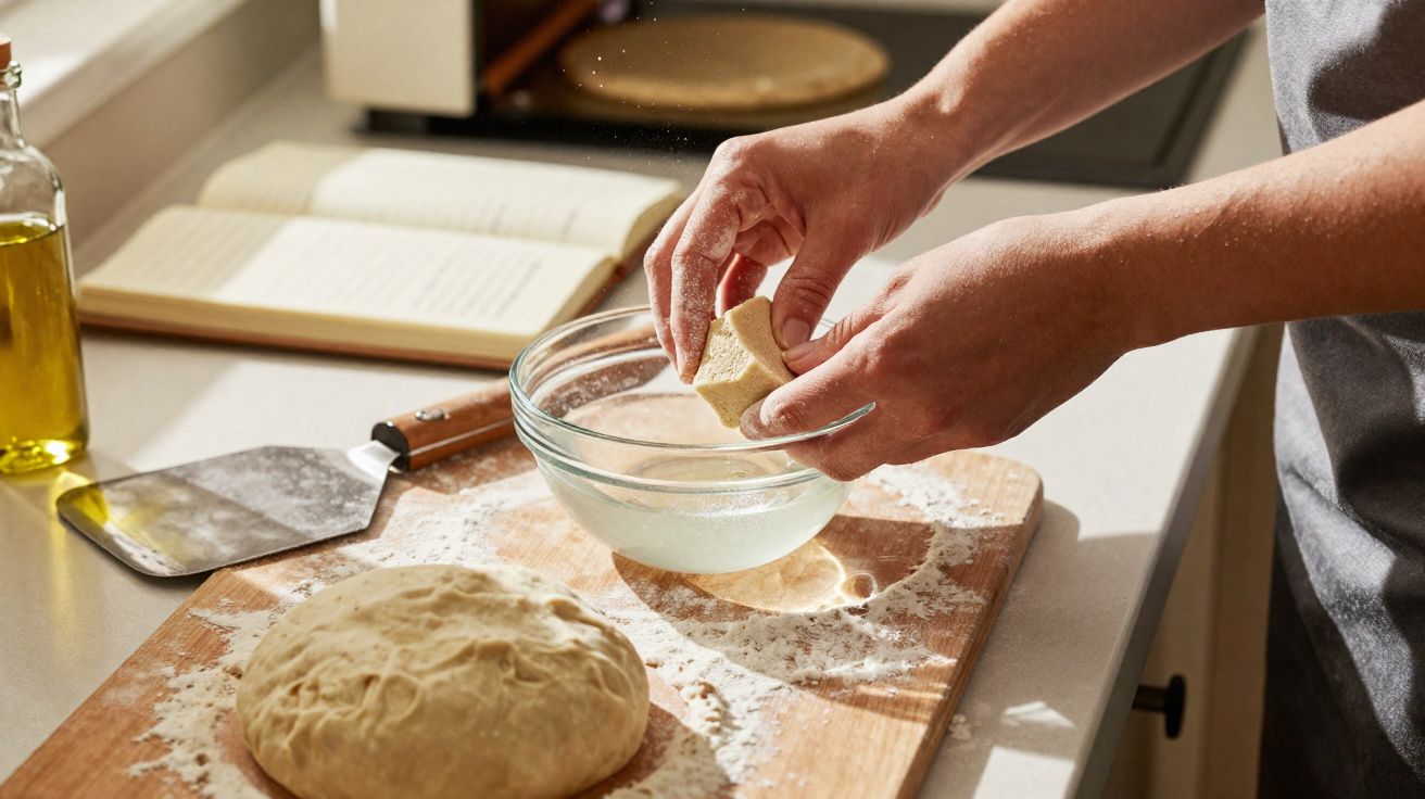 Mãos a desfazer fermento em cubo numa tigela com água, próximo de massa numa tábua de madeira.