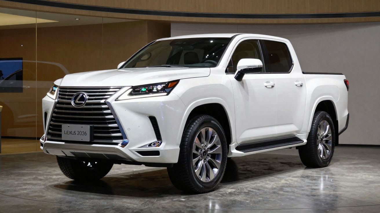 Pick-up Lexus LX 2026 branca estacionada em pavimento polido, vista frontal direita.