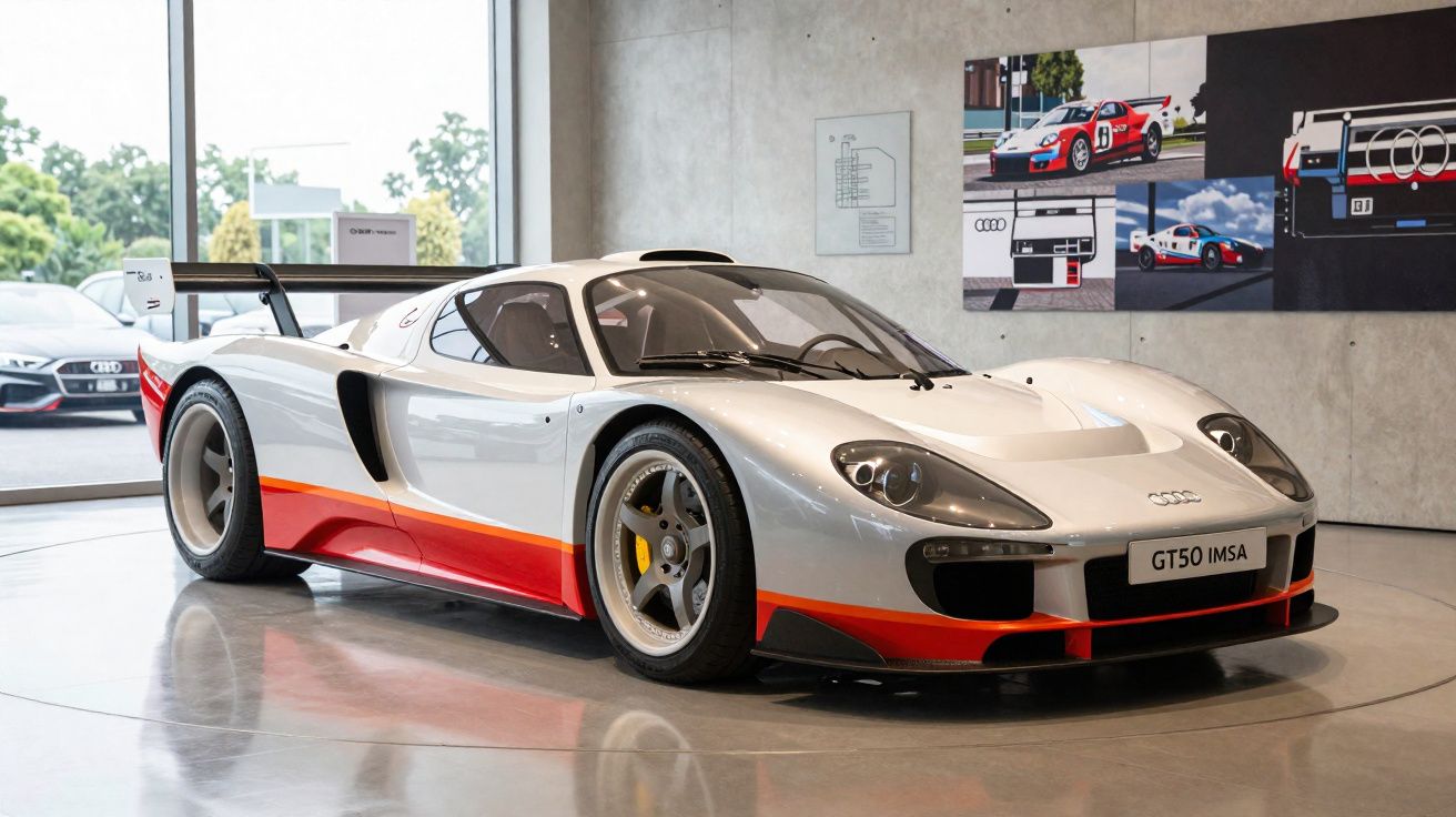 Carro de corrida Audi GT50 IMSA prateado com detalhes em vermelho e laranja em exposição num museu.