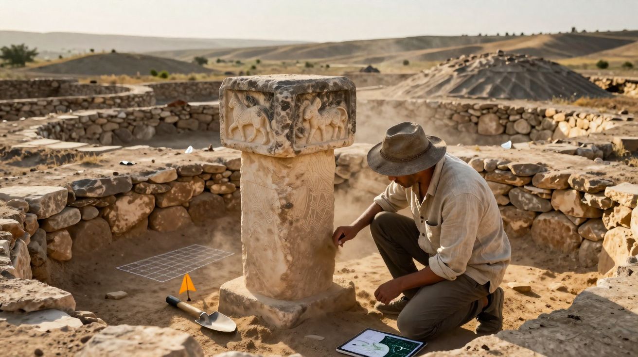 Arqueólogo examina coluna com esculturas em escavação arqueológica em área desértica e rochosa.
