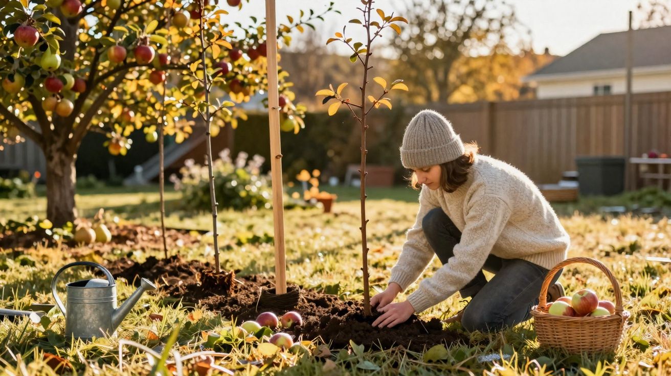 Pessoa a plantar uma muda de árvore num pomar de maçãs ao pôr do sol.
