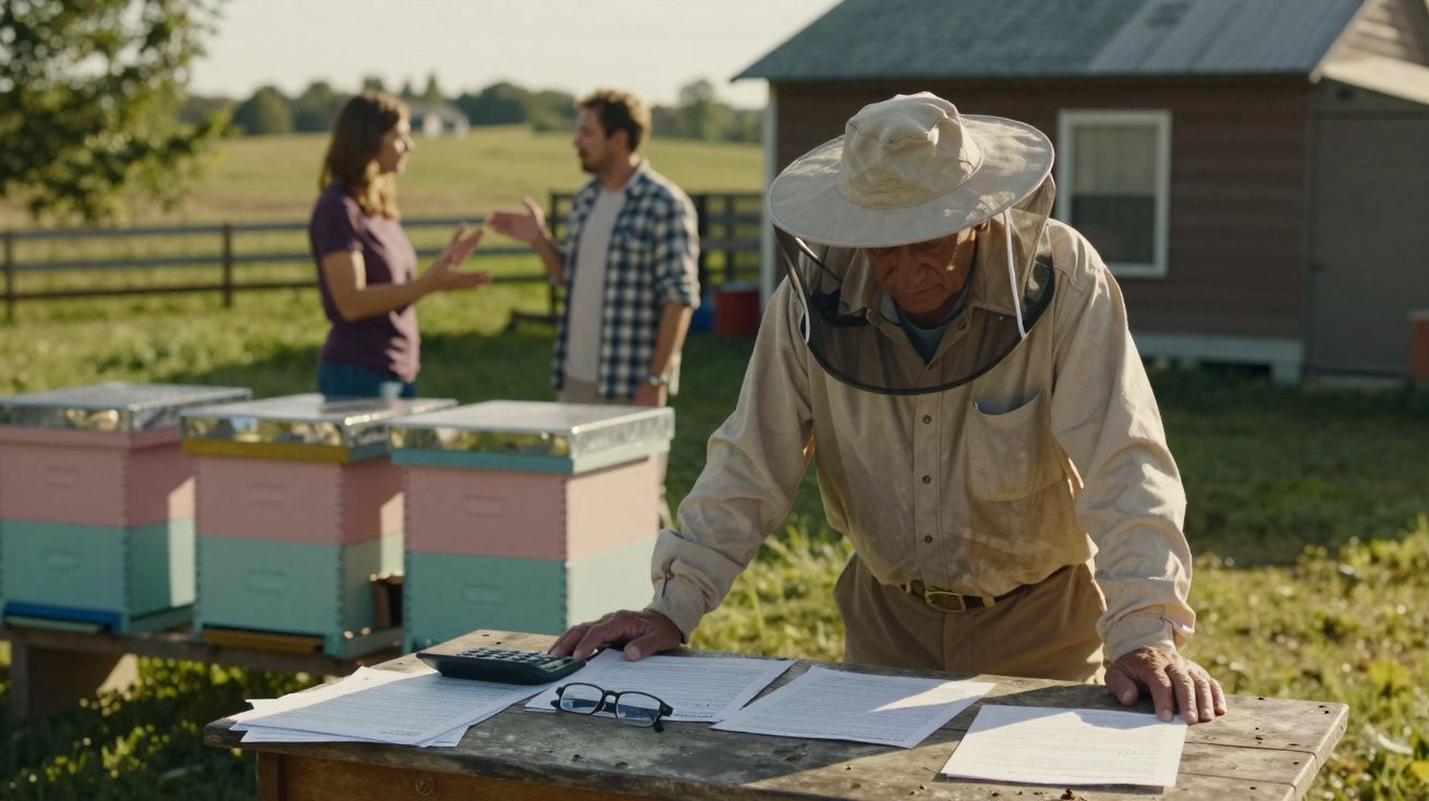 Apicultor a examinar documentos ao ar livre com duas pessoas a conversar junto a colmeias coloridas.