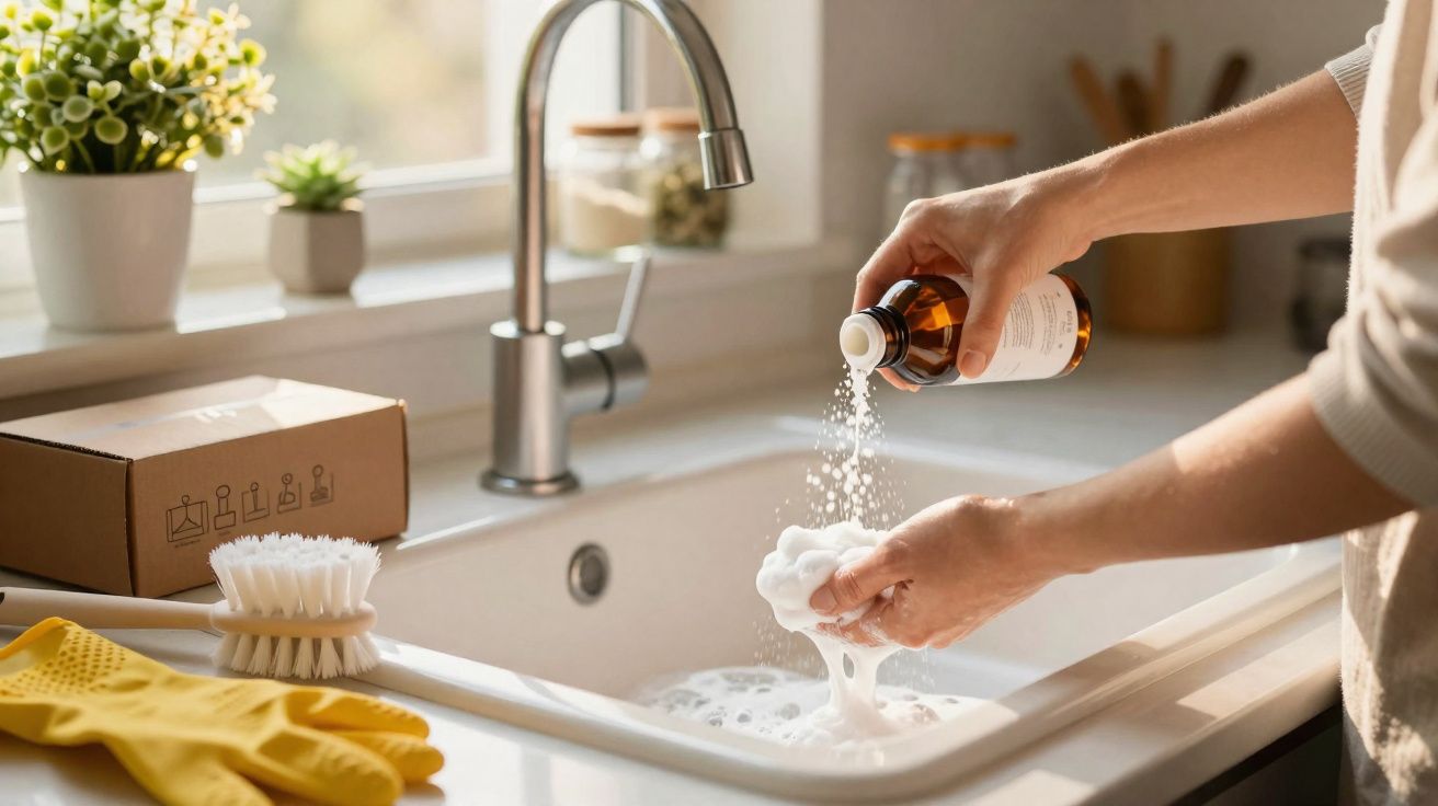 Pessoa a usar sabão líquido para limpar esponja branca numa pia de cozinha iluminada pela janela.