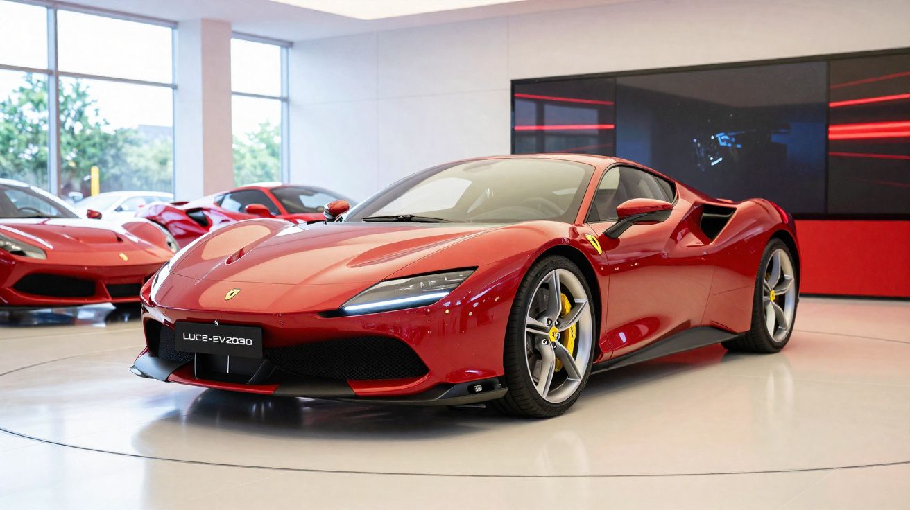 Carro desportivo vermelho Ferrari Luce-EV2030 em exposição num salão moderno e luminoso.