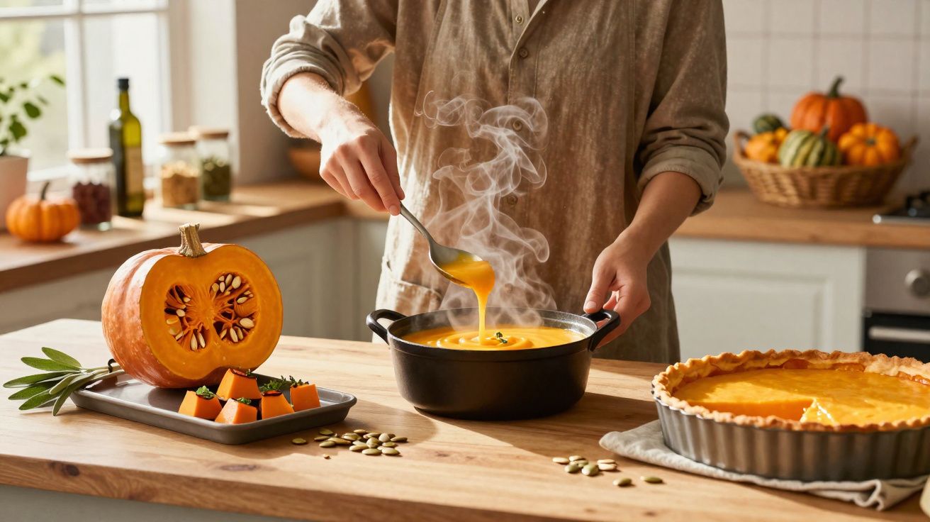 Pessoa a servir sopa quente de abóbora numa panela, com abóbora cortada e tarte de abóbora na bancada de madeira.