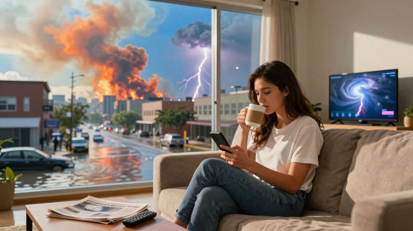 Mulher sentada no sofá a beber café e usar telemóvel, enquanto vê incêndio e relâmpago pela janela.