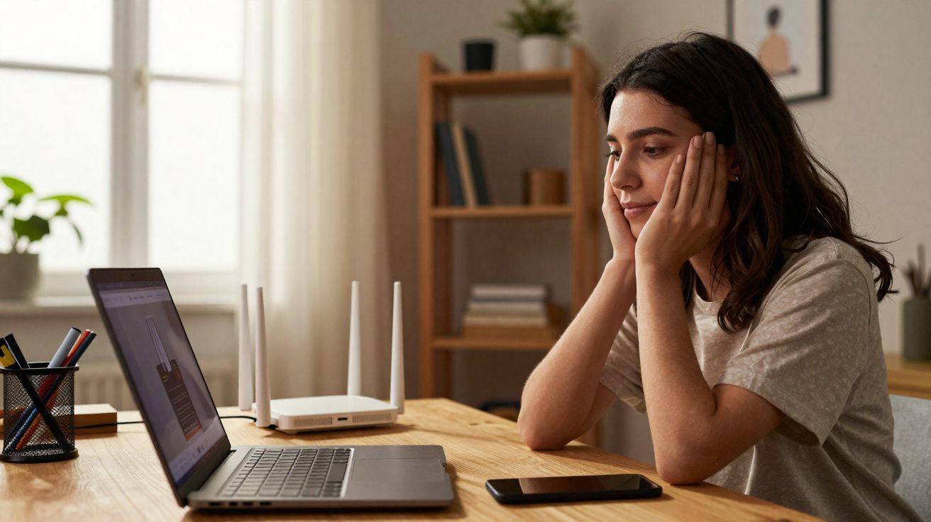 Jovem sentada à mesa a olhar para um computador portátil num ambiente luminoso e arrumado.