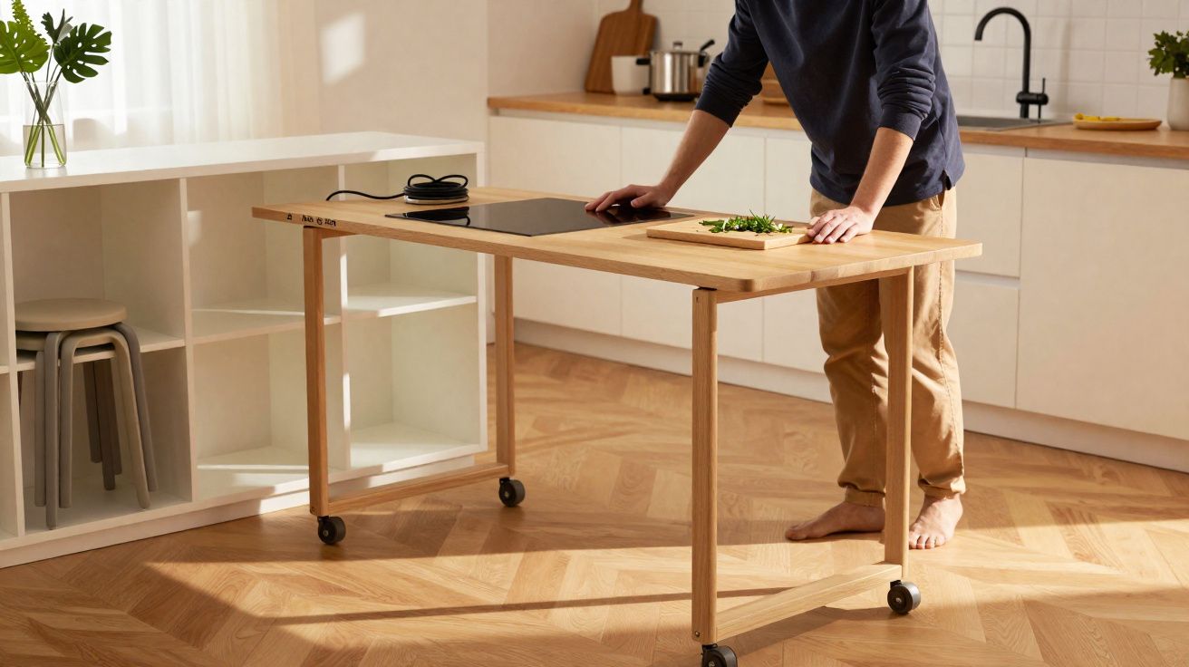 Pessoa em pé numa cozinha moderna, a preparar ervas numa mesa de madeira com rodas e placa de indução.