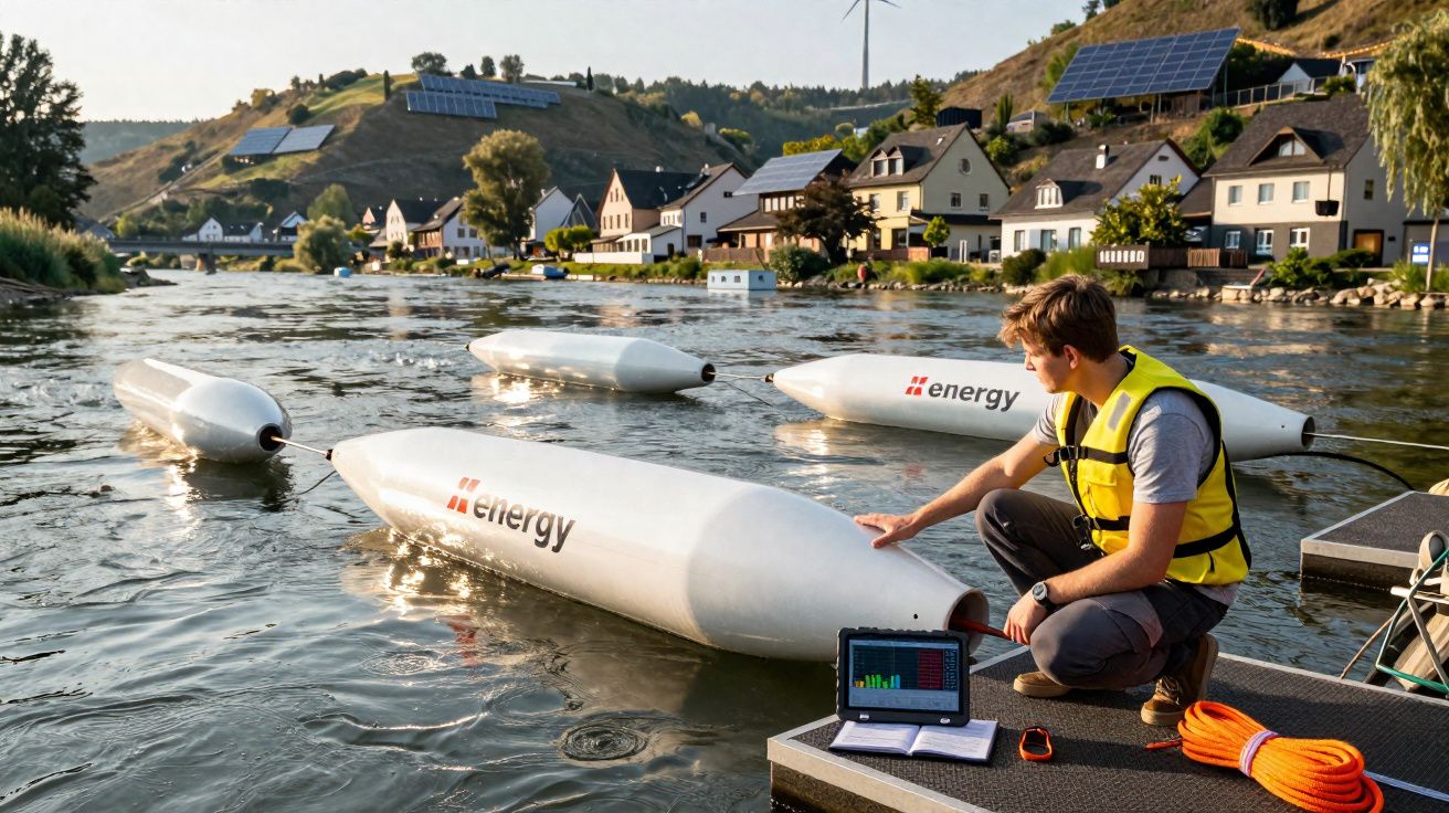 Homem com colete salva-vidas junto a dispositivos flutuantes marcados com "energy" num rio em vila com painéis solares.