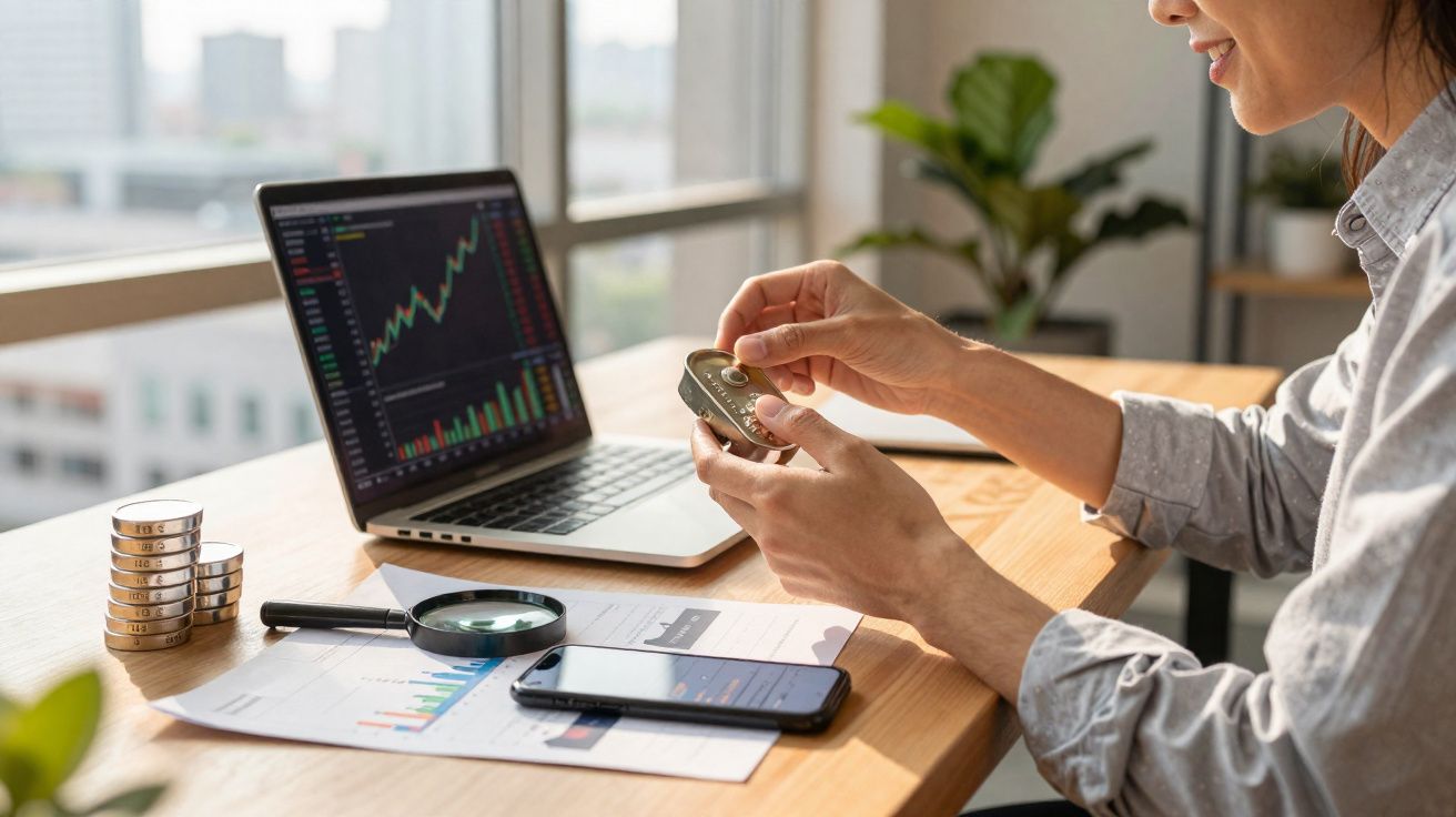 Pessoa a analisar dados financeiros no computador, com moedas empilhadas e gráficos numa secretária.