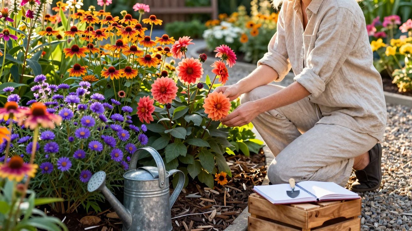 Pessoa a cuidar de flores coloridas num jardim, com regador e caderno ao lado.