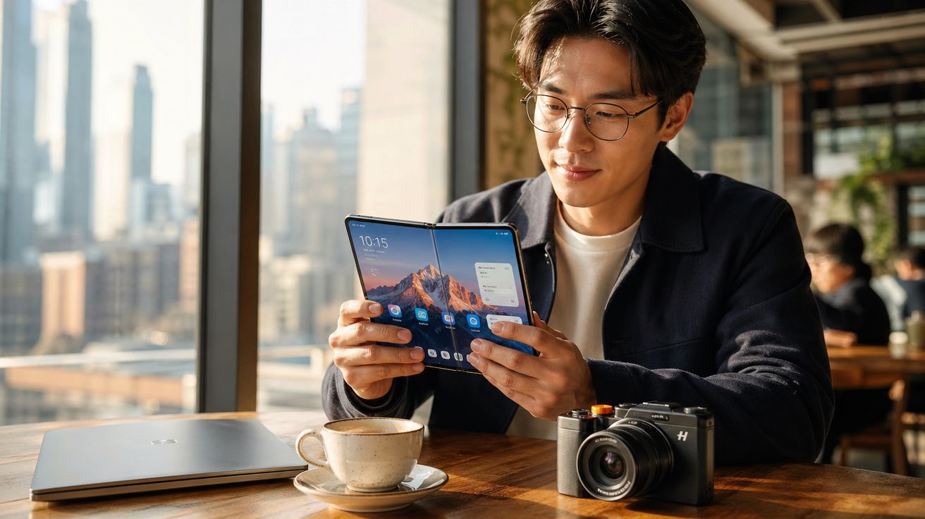 Homem com óculos sentado numa mesa de café a segurar um telemóvel dobrável aberto, com laptop, caneca e câmara à frente.