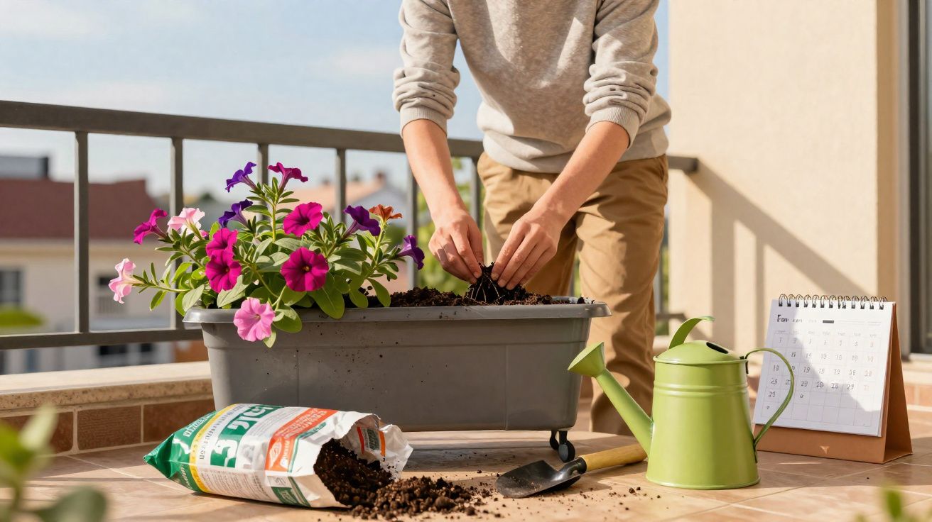 Pessoa a plantar flores coloridas numa varanda, com regador, terra e calendário à vista.