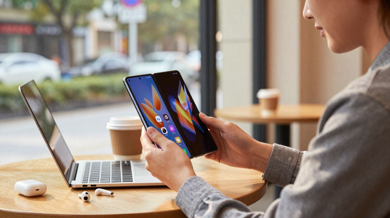 Pessoa a usar telemóvel dobrável num café, com portátil aberto e auscultadores sem fios na mesa.