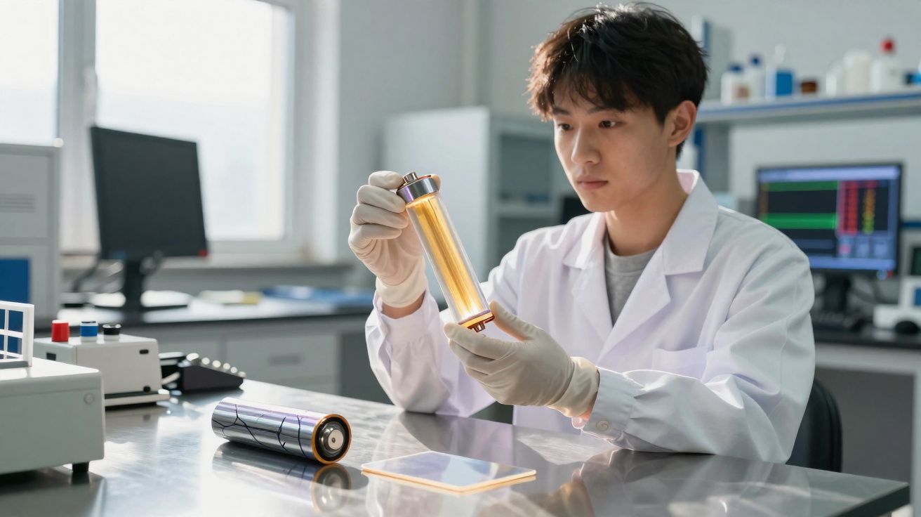 Cientista em laboratório a examinar bateria cilíndrica transparente com material dourado, usando bata e luvas.