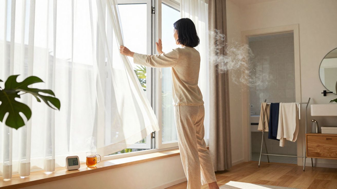 Pessoa a abrir cortinas num quarto iluminado com chá quente numa mesa perto da janela.