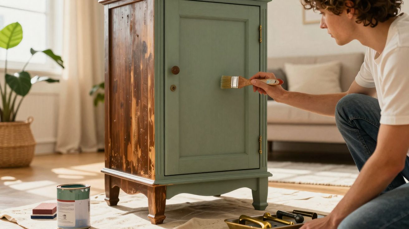 Homem a pintar móvel de madeira com tinta verde numa sala bem iluminada.