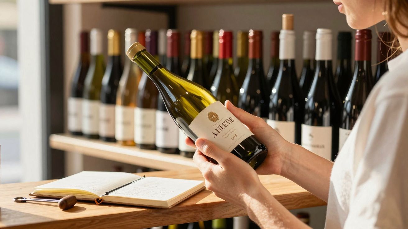 Pessoa segurando garrafa de vinho branco numa loja com prateleira de vinhos ao fundo e caderno aberto na mesa.