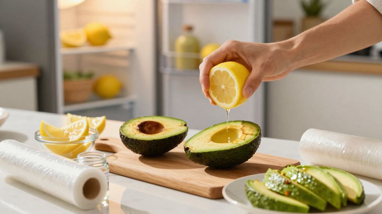 Mão a espremer limão sobre metade de um abacate num tabuleiro de madeira, ao lado de abacate fatiado.