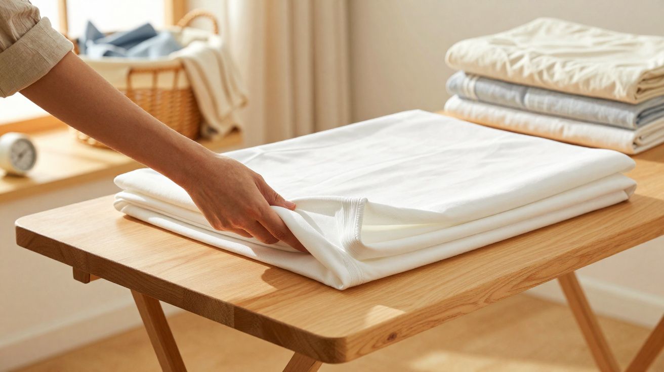 Mão a dobrar lençol branco sobre mesa de madeira em ambiente doméstico iluminado pelo sol.