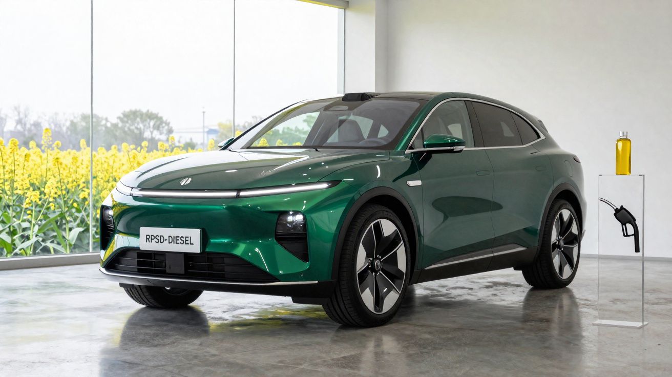Automóvel SUV verde em exposição com janela panorâmica e campo de flores amarelas ao fundo.