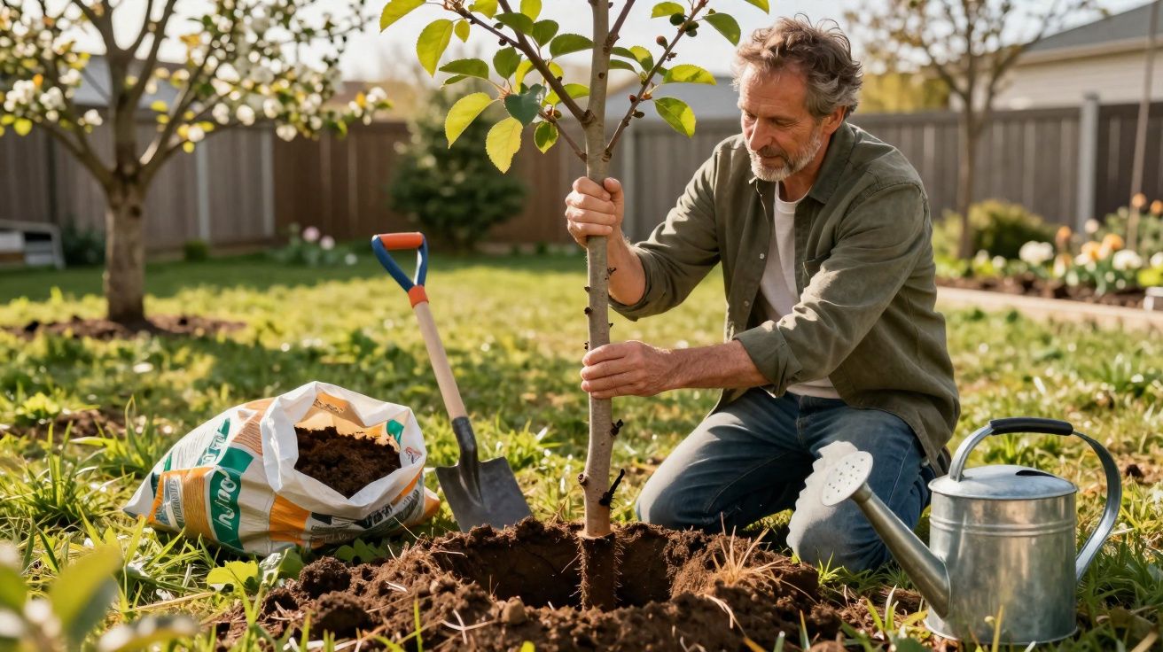 Homem a plantar uma árvore no jardim com pá, saco de terra e regador ao lado, em dia soalheiro.