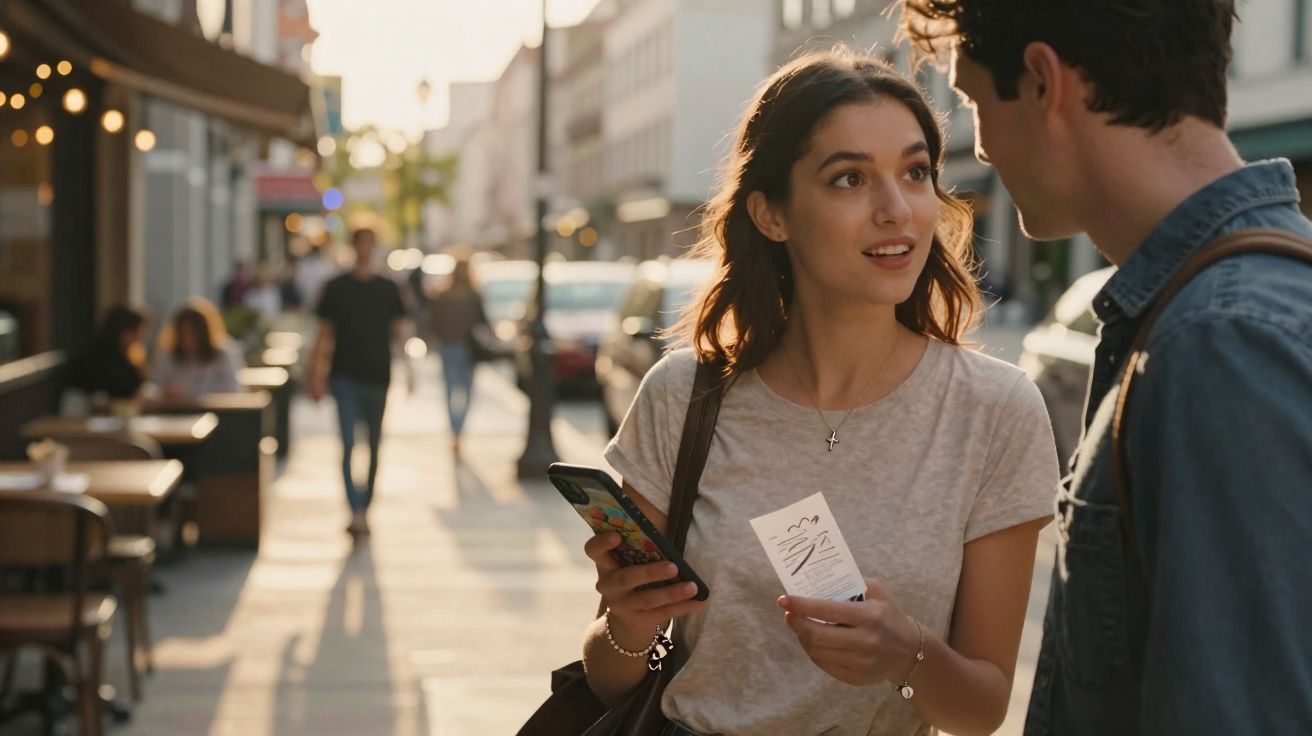 Jovem mulher segura telemóvel e bilhete enquanto conversa com homem numa rua urbana ao entardecer.