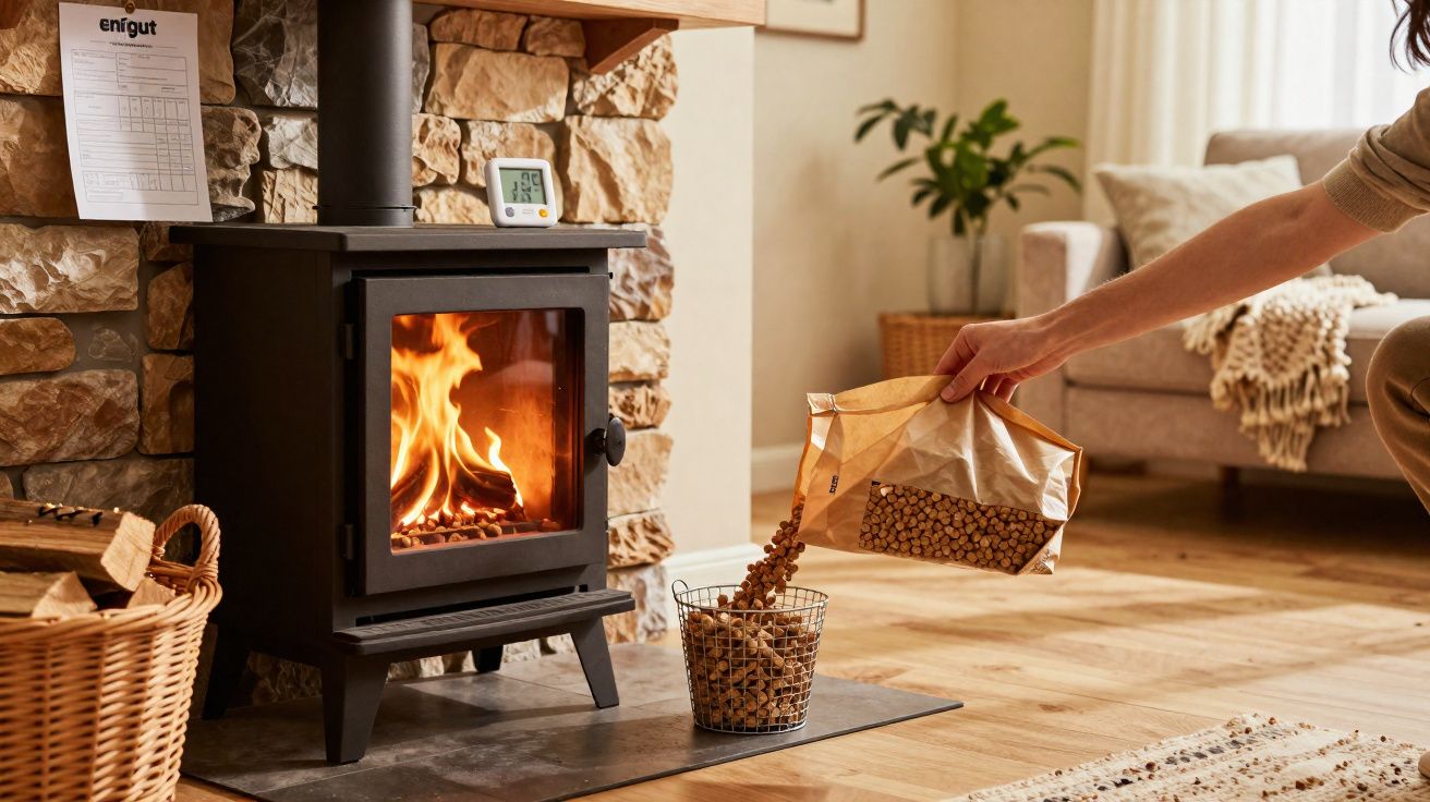 Pessoa a deitar pellets numa cesta ao lado de uma lareira a lenha num ambiente acolhedor em casa.
