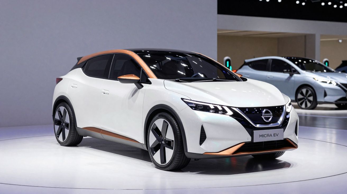 Automóvel eléctrico Nissan Micra EV branco com detalhes em laranja exposto em salão automóvel.