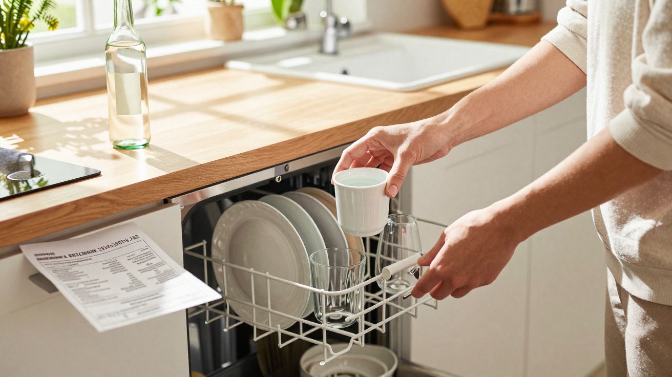 Pessoa a colocar uma caneca branca numa máquina de lavar loiça na cozinha com bancada de madeira.