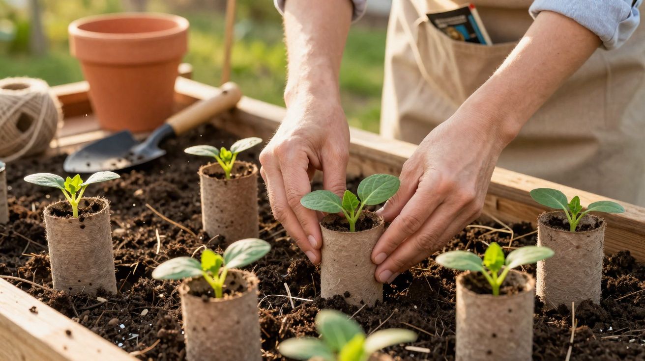 Mãos a transplantar pequenas plantas em vasos biodegradáveis numa caixa de madeira com terra fértil.