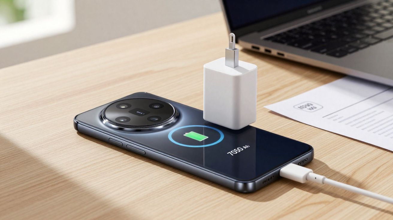 Smartphone preto a carregar com indicação de bateria de 7050 mAh em secretária de madeira clara.