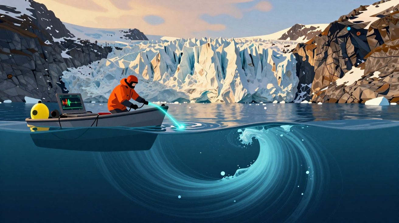 Pessoa em barco a investigar correntes marinhas perto de iceberg numa paisagem glacial.