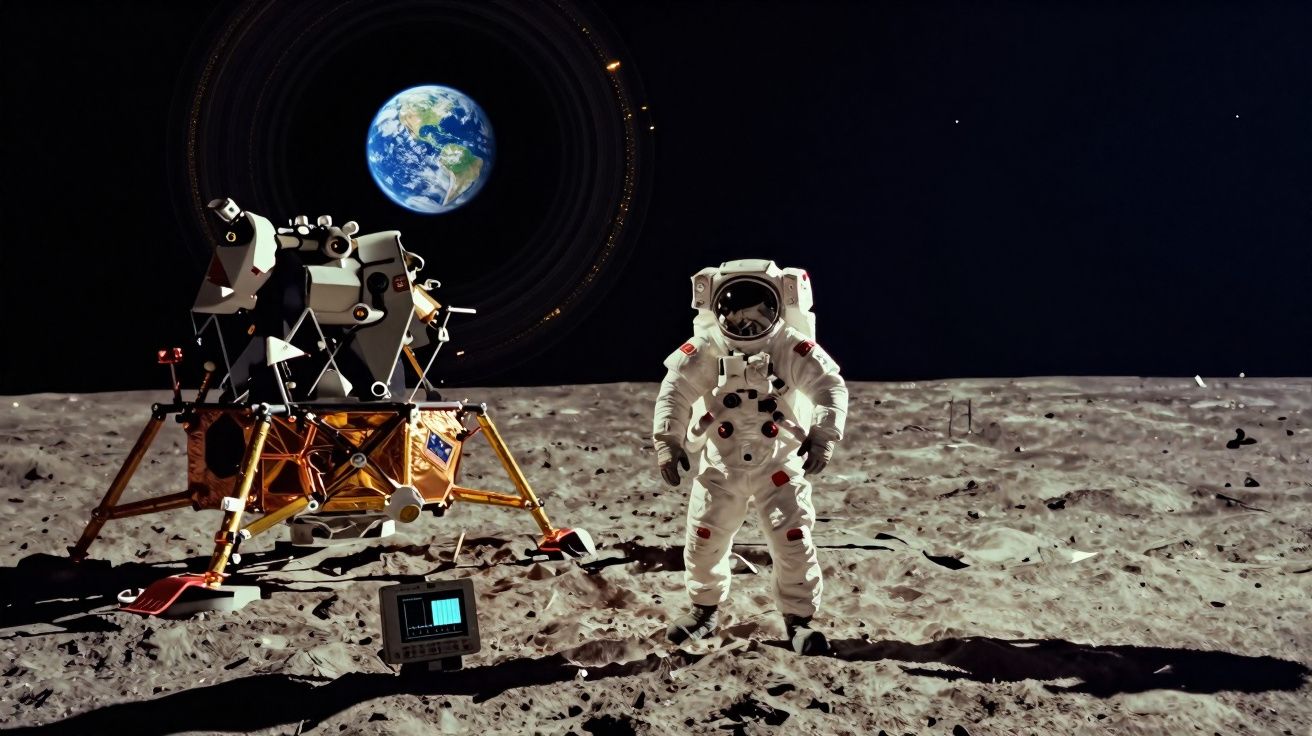 Astronauta na superfície lunar com módulo lunar e planeta Terra ao fundo no espaço escuro.