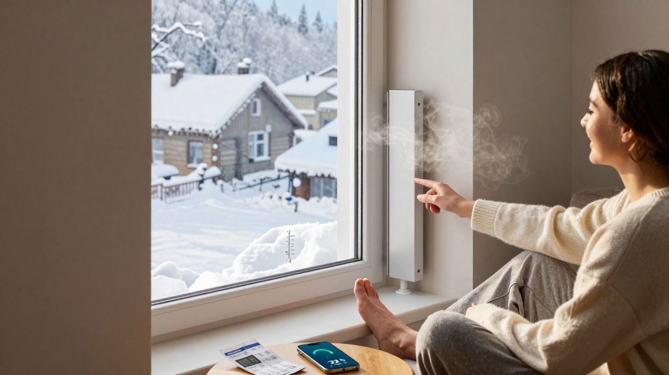 Mulher sentada junto a janela com vista para neve, a ajustar aquecedor branco na parede.