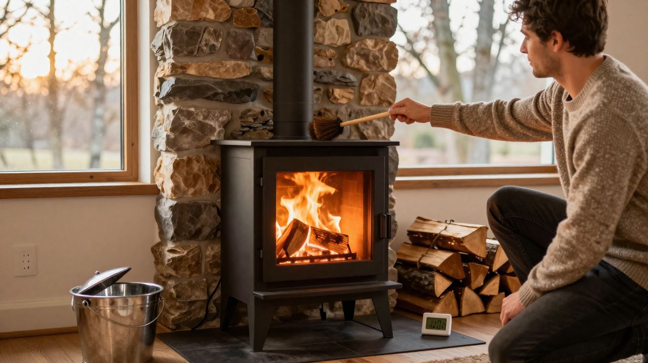 Homem a limpar lareira a lenha acesa numa sala com paredes de pedra e janelas grandes.