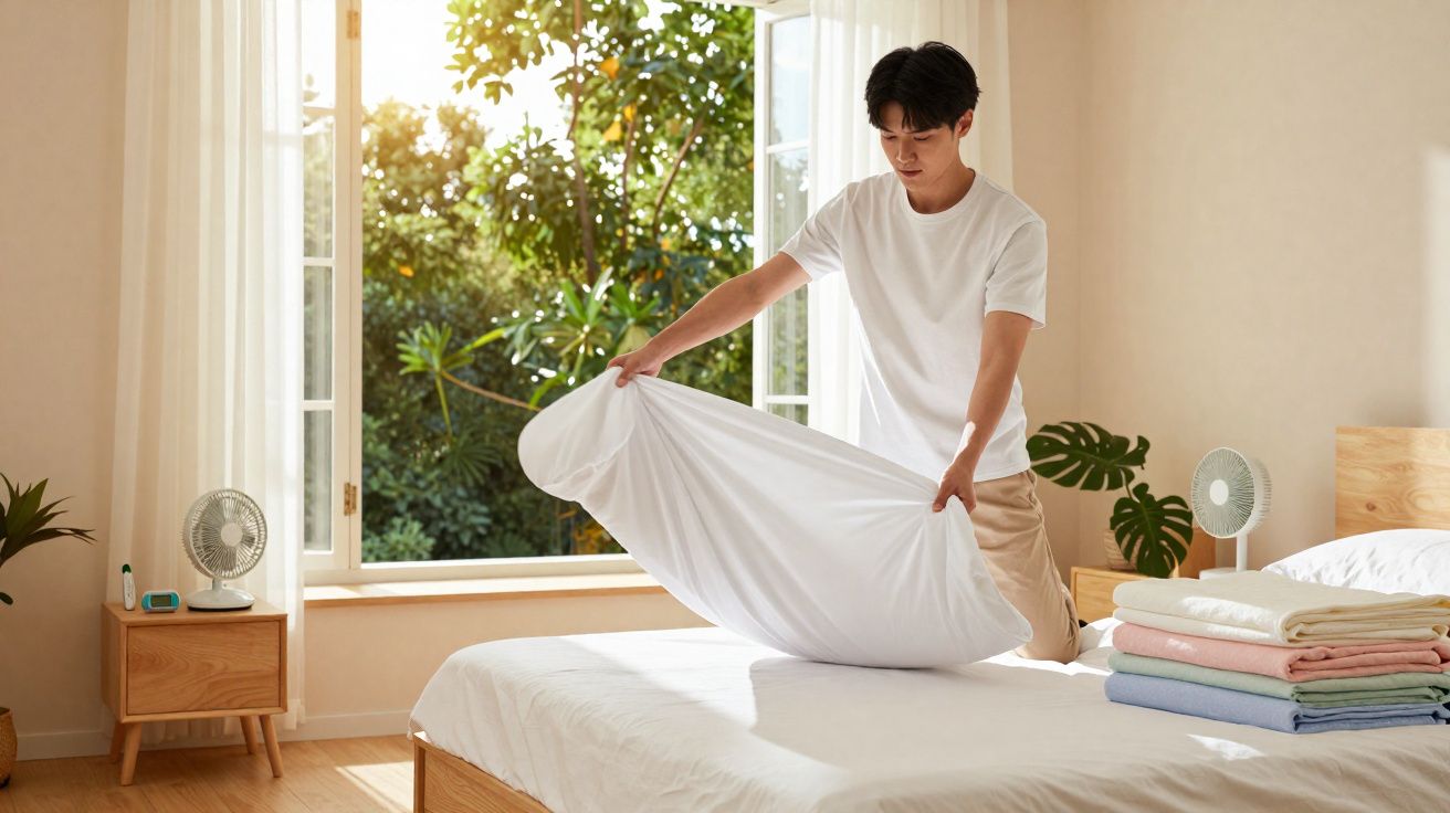 Homem arruma a cama com lençol branco num quarto iluminado e arejado com janela aberta.