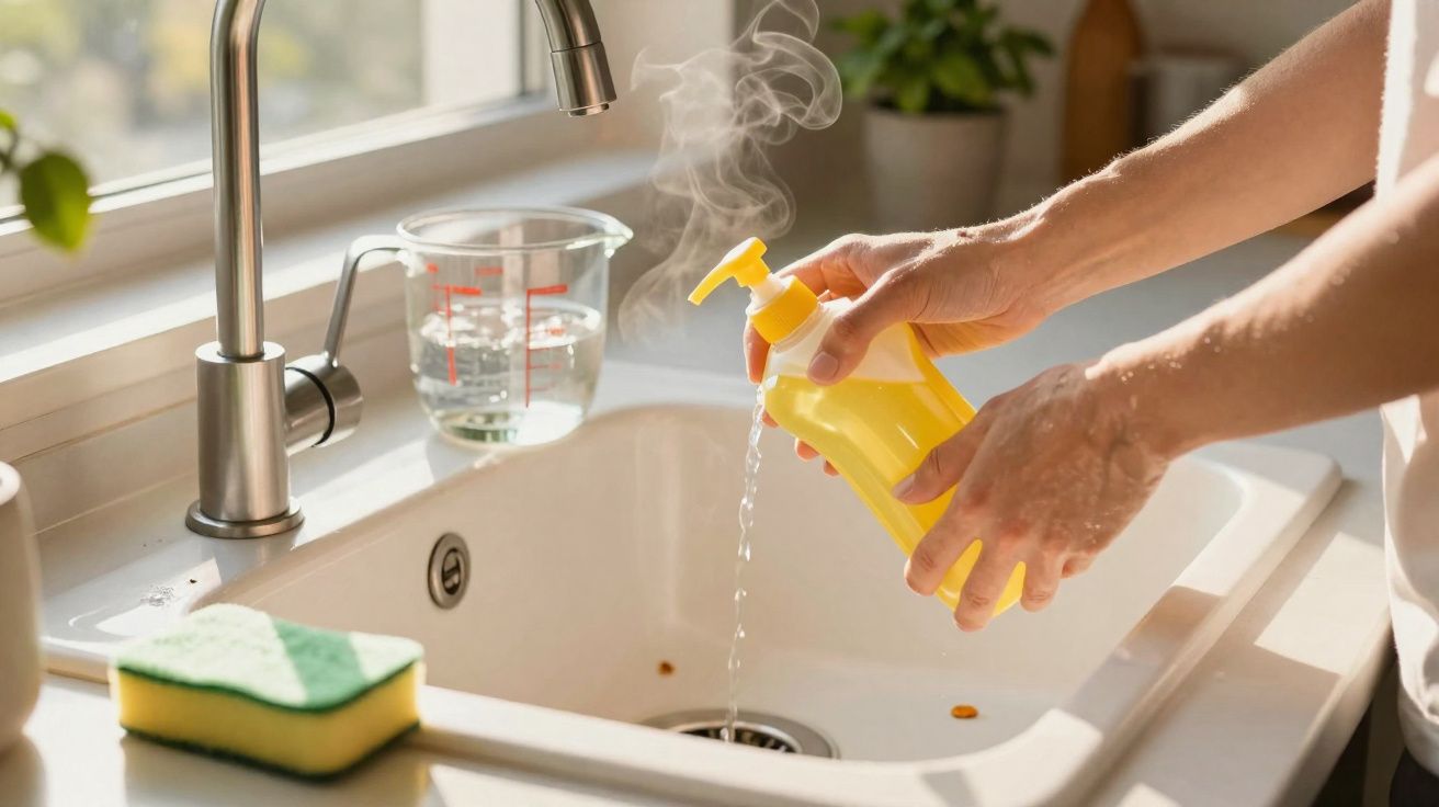 Mãos a espremer detergente amarelo sobre uma pia branca com água corrente e esponja verde.