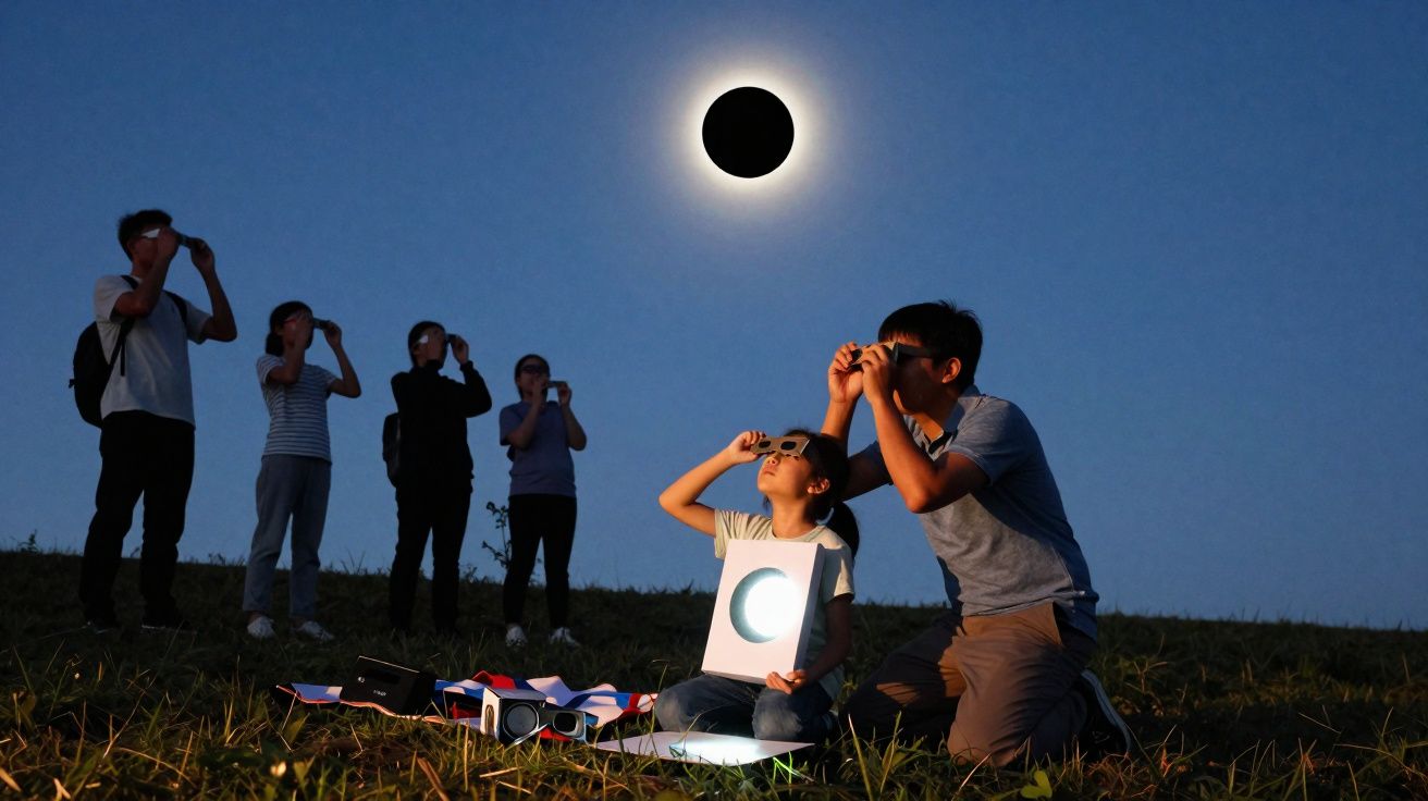 Grupo de pessoas a observar eclipse solar com óculos de proteção numa colina ao anoitecer.