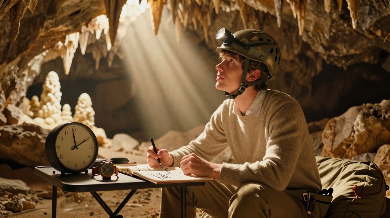 Explorador com capacete e luz de cabeça estuda mapas numa mesa dentro de uma caverna iluminada por raios de luz.