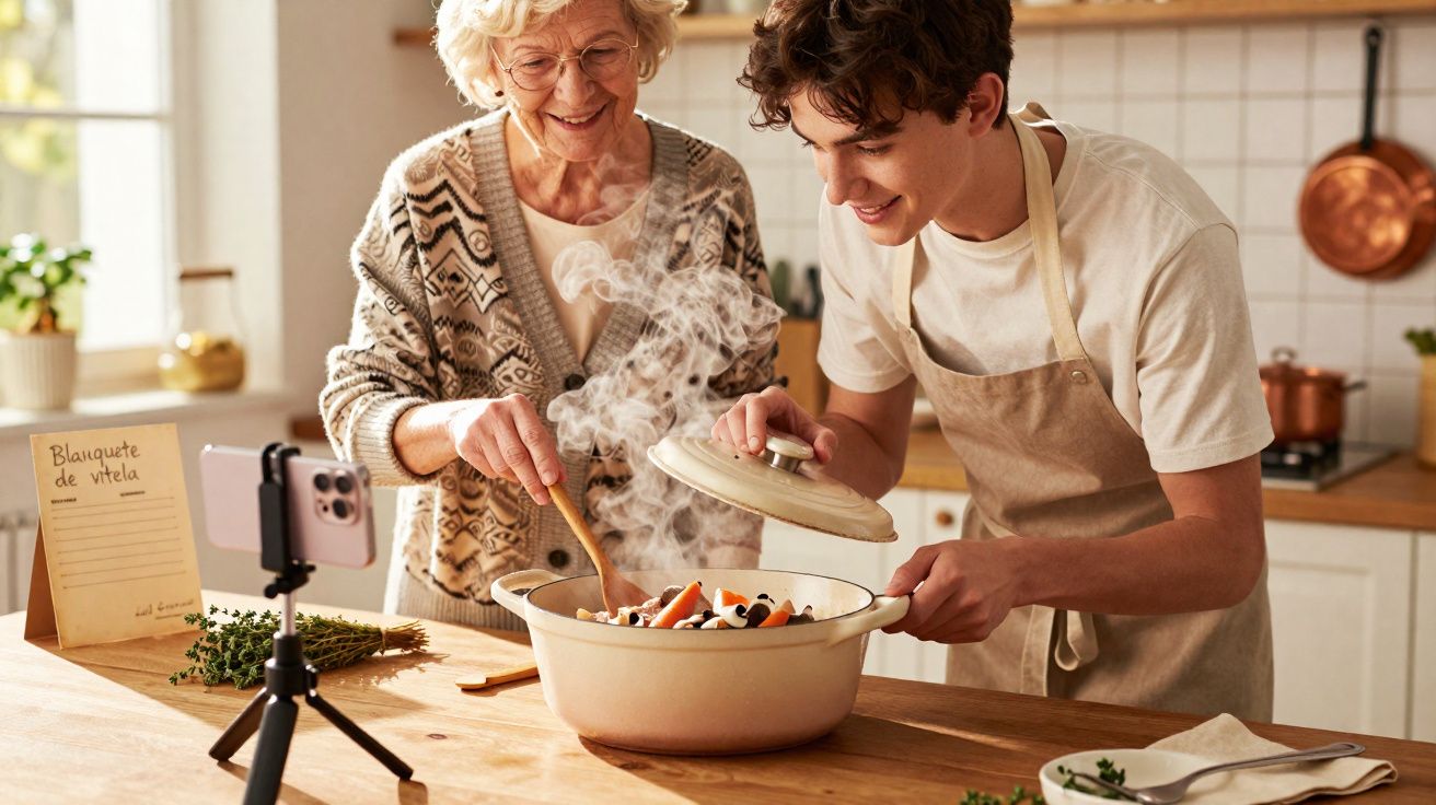 Jovem e senhora idosa cozinham juntos uma refeição num tacho, com um telemóvel filmando na bancada da cozinha.