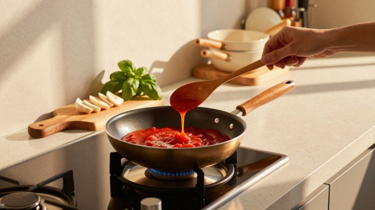 Mão a verter molho vermelho numa frigideira ao lume numa cozinha iluminada pelo sol.