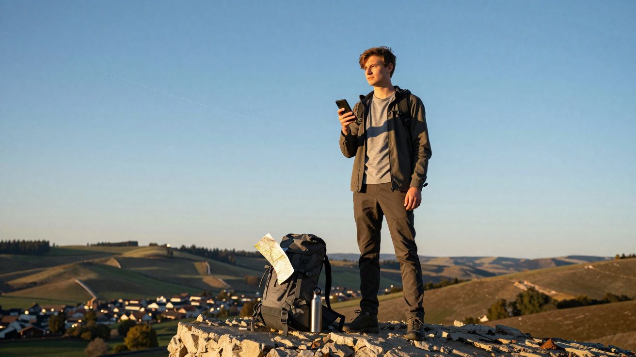 Jovem com mochila e mapa está em cima de uma rocha, segurando o telemóvel com aldeia e colinas ao fundo.
